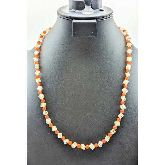 Orange Cat Eye Round & Clear Yellow Daisy Square Bead Toggle Clasp 25" Necklace - Picture 1 of 7